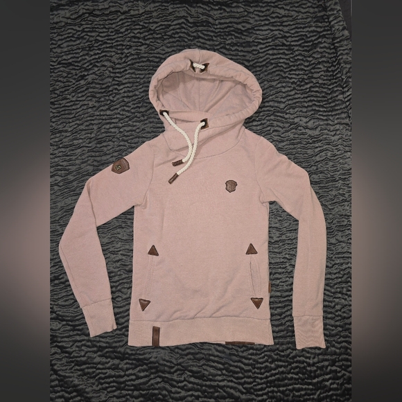 Naketano Blush Hoodie with Brown Leather Details And Rope Tie Small Or XS - Picture 1 of 8